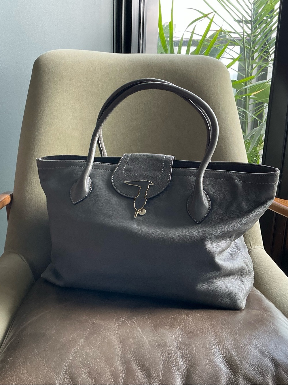 Tru Trussardi Gray Leather Tote with Gold Horsebit Accent
